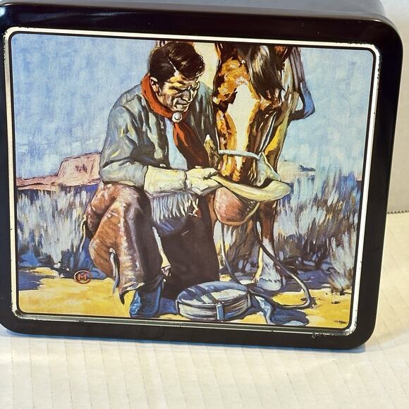 Vintage Western Cowboy Tin Box Made in WESTERN GERMANY Cowboy & Horse Artwork - Picture 2 of 12